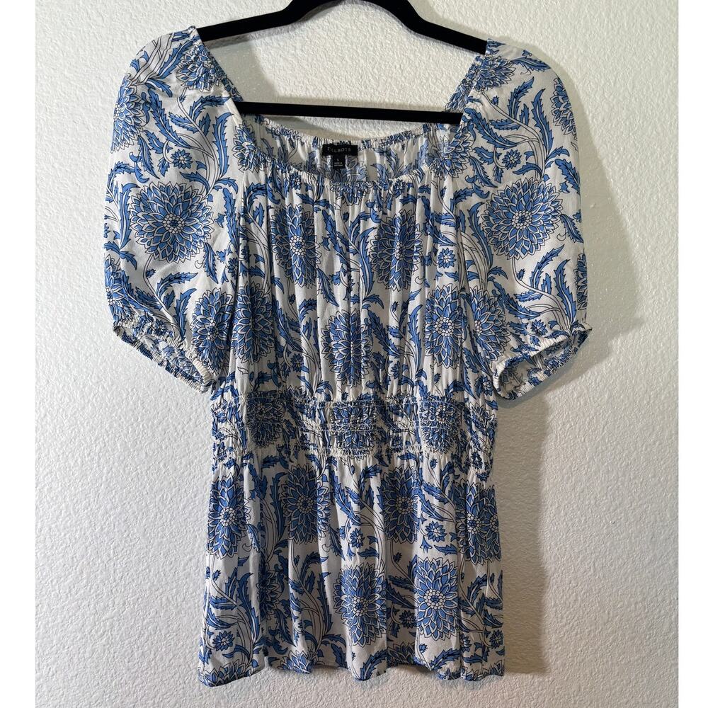 Talbots Size S Blue White Floral Square Neck Smocked Puff Sleeves Blouse Top